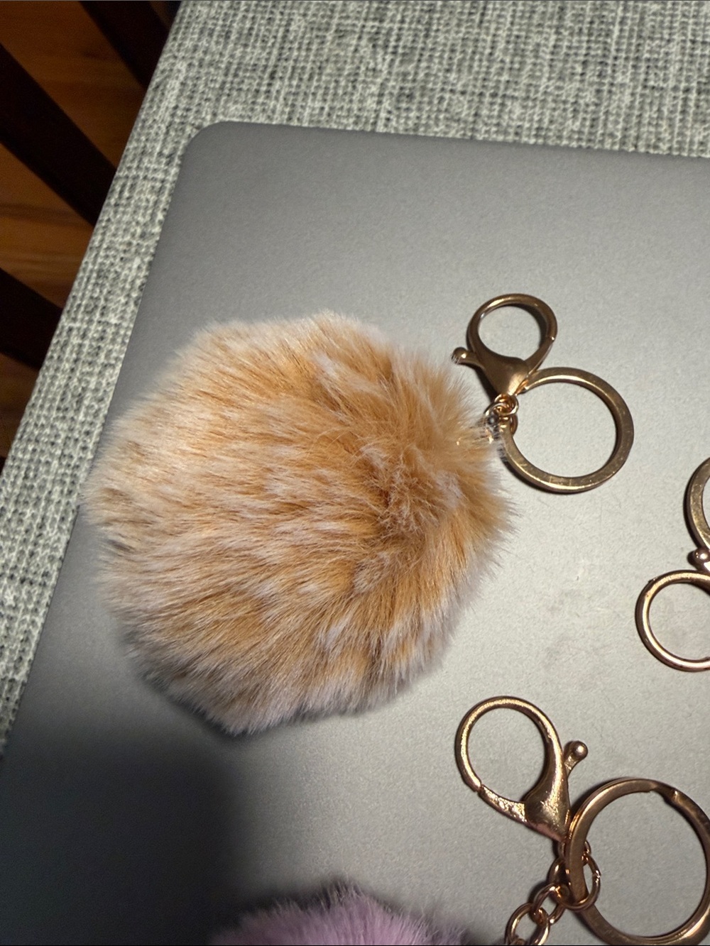 Faux Fur Pom Pom Keychains - Lavender, Gray, Camel with Gold Hardware - Picture 6 of 6
